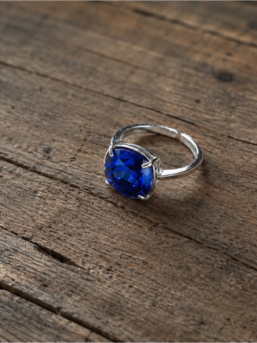 Adjustable blue sapphire Statement Ring Silver Tone Sparkly Cushion Cut